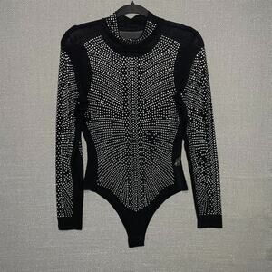 Women's Dance Costume Leotard Bodysuit Bling Black Sheer Mesh Embellished M READ